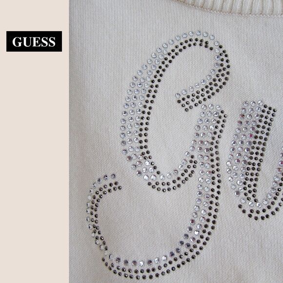GUESS NEW Old Money Crystals Signature Logo Ribbed Trim Pullover Sweater S - Picture 8 of 12